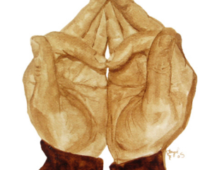 Angel Sarkela-Saur created this original "Proclamation" Coffee Art&reg; painting. It features two hands holding a secret love.