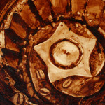 Angel Sarkela-Saur created this original "Pulverize" Coffee Art® painting. It features coffee beans being smashed and ground in a coffee grinder.