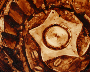 Angel Sarkela-Saur created this original "Pulverize" Coffee Art&reg; painting. It features coffee beans being smashed and ground in a coffee grinder.