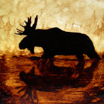 Andrew Saur created this original "Reflection of a Moose" Coffee Art® painting. It features majestic moose wading through a boggy marsh.