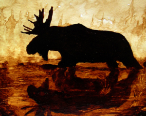 Andrew Saur created this original "Reflection of a Moose" Coffee Art&reg; painting. It features majestic moose wading through a boggy marsh.