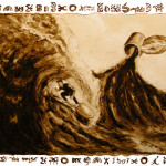 Andrew Saur created this original "Ride the Caffeine Wave" Coffee Art® painting. It features a person surfing on a spoon on a wild wave of coffee.
