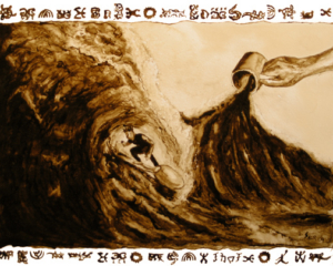 Andrew Saur created this original "Ride the Caffeine Wave" Coffee Art&reg; painting. It features a person surfing on a spoon on a wild wave of coffee.
