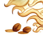 Angel Sarkela-Saur created this original "Roasting" Coffee Art® painting. It features a pair of coffee beans being roasted under fanning flames.