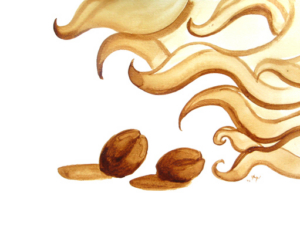 Angel Sarkela-Saur created this original "Roasting" Coffee Art&reg; painting. It features a pair of coffee beans being roasted under fanning flames.