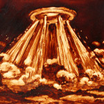 Angel Sarkela-Saur created this original "Scalding" Coffee Art® painting. It features an inside look of an espresso machine with plumes of steaming hot water mixing with the coffee.