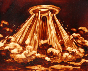 Angel Sarkela-Saur created this original "Scalding" Coffee Art&reg; painting. It features an inside look of an espresso machine with plumes of steaming hot water mixing with the coffee.
