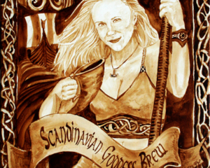 Andrew Saur and Angel Sarkela-Saur created this "Scandinavian Goddess Blend" Coffee Art painting featuring a Norse Goddess raising her horn of coffee.
