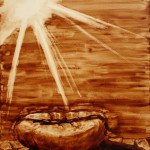 Angel Sarkela-Saur created this original "Scorch" Coffee Art® painting. It features a coffee bean being roasted by the rays of the sun.