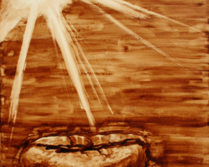 Angel Sarkela-Saur created this original "Scorch" Coffee Art&reg; painting. It features a coffee bean being roasted by the rays of the sun.