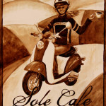 Angel Sarkela-Saur created this original "Solé Café" Coffee Art® painting. It features a girl cruising on a scooter with a cup of coffee in hand.