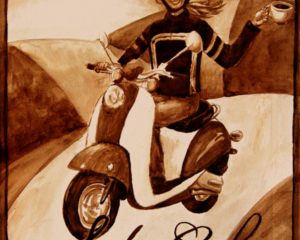 Angel Sarkela-Saur created this original "Sol&eacute; Caf&eacute;" Coffee Art&reg; painting. It features a girl cruising on a scooter with a cup of coffee in hand.