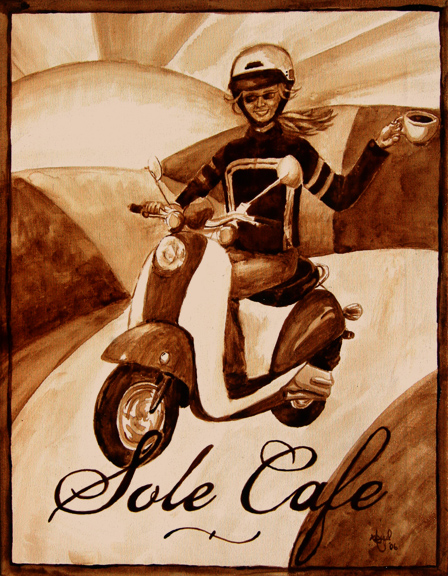 Angel Sarkela-Saur created this original "Solé Café" Coffee Art® painting. It features a girl cruising on a scooter with a cup of coffee in hand.