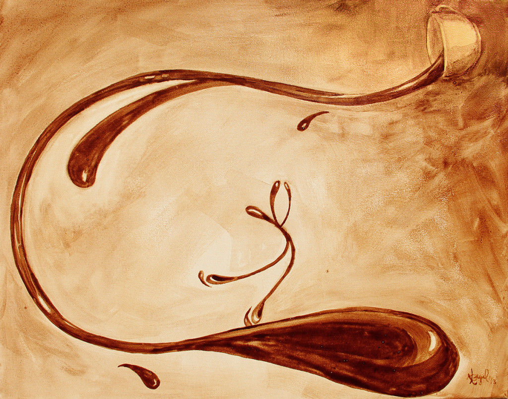 "Spinning" features coffee spilling out of a cup and a figure skater gliding down a wave of coffee.