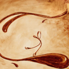 "Spinning" features coffee spilling out of a cup and a figure skater gliding down a wave of coffee.