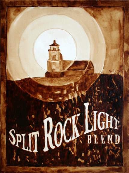 Andrew Saur & Angel Sarkela-Saur created this "Split Rock Light Blend" Coffee Art painting featuring a beam of light emanating from Split Rock Lighthouse.