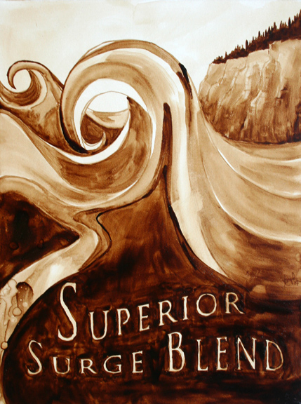 Andrew Saur & Angel Sarkela-Saur created this original "Superior Surge Blend" Coffee Art® painting. It features a wave crashing on Lake Superior.
