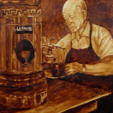 Andrew Saur and Angel Sarkela-Saur created this original "The Barista" Coffee Art® painting. It features a barista preparing the next order of coffee for a thirsty customer.