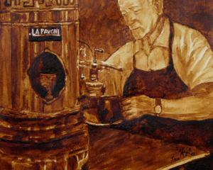 Andrew Saur and Angel Sarkela-Saur created this original "The Barista" Coffee Art&reg; painting. It features a barista preparing the next order of coffee for a thirsty customer.