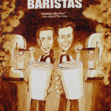 Angel Sarkela-Saur created this original "The Baristas" Coffee Art® painting. It features two baristas working side by side in a busy coffee shop.