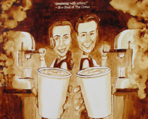 Angel Sarkela-Saur created this original "The Baristas" Coffee Art&reg; painting. It features two baristas working side by side in a busy coffee shop.