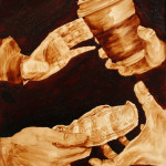 Andrew Saur and Angel Sarkela-Saur created this original "The Deal" Coffee Art® painting. It features a deal going down for a caffeinated beverage in exchange for cash.