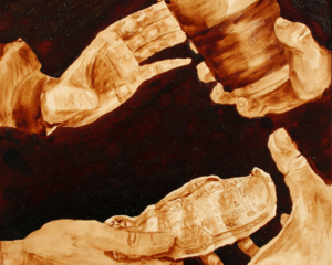 Andrew Saur and Angel Sarkela-Saur created this original "The Deal" Coffee Art&reg; painting. It features a deal going down for a caffeinated beverage in exchange for cash.