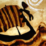 Andrew Saur created this original "Viking Voyage" Coffee Art® painting. It features a Viking ship sailing on the ocean.