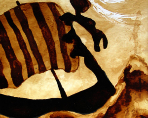 Andrew Saur created this original "Viking Voyage" Coffee Art&reg; painting. It features a Viking ship sailing on the ocean.