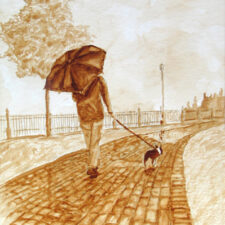 Andrew Saur created this original "A Walk in the Rain" Coffee Art® painting. It features a woman walking her puppy along a cobblestone street in the rain.