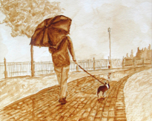 Andrew Saur created this original "A Walk in the Rain" Coffee Art&reg; painting. It features a woman walking her puppy along a cobblestone street in the rain.