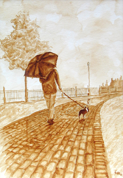 Andrew Saur created this original "A Walk in the Rain" Coffee Art® painting. It features a woman walking her puppy along a cobblestone street in the rain.