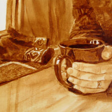 Angel Sarkela-Saur & Andrew Saur created this original "Warm Up" Coffee Art® painting. It features a pair of hands grasping onto a hot cup of coffee in an effort to warm the hands.