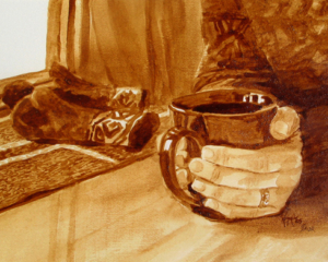 Angel Sarkela-Saur &amp; Andrew Saur created this original "Warm Up" Coffee Art&reg; painting. It features a pair of hands grasping onto a hot cup of coffee in an effort to warm the hands.