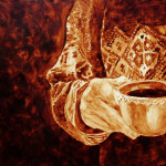 Angel Sarkela-Saur created this original "Warmth" Coffee Art® painting. It features a person holding a hot cup of coffee on a cold winter day.