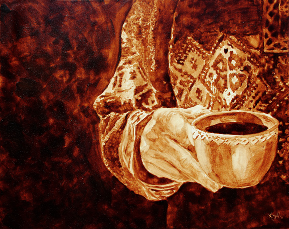 Angel Sarkela-Saur created this original "Warmth" Coffee Art® painting. It features a person holding a hot cup of coffee on a cold winter day.