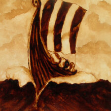 Andrew Saur created this original "Wave Cutter" Coffee Art® painting. It features a Viking ship slicing through rough seas.