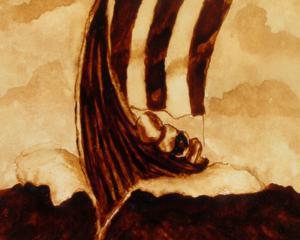 Andrew Saur created this original "Wave Cutter" Coffee Art&reg; painting. It features a Viking ship slicing through rough seas.