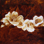 Angel Sarkela-Saur created this original "Wave of Flora" Coffee Art® painting. It features beautiful white flowers flowing across a dark background.