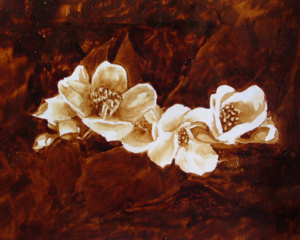 Angel Sarkela-Saur created this original "Wave of Flora" Coffee Art&reg; painting. It features beautiful white flowers flowing across a dark background.