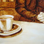 Andrew Saur and Angel Sarkela-Saur created this original "What will today bring?" Coffee Art® painting. It features a person contemplating their thoughts.