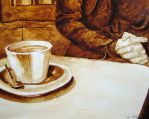 Andrew Saur and Angel Sarkela-Saur created this original "What will today bring?" Coffee Art&reg; painting. It features a person contemplating their thoughts.