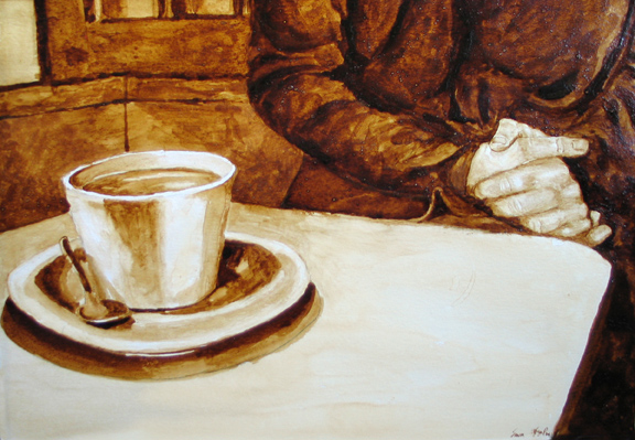 Andrew Saur and Angel Sarkela-Saur created this original "What will today bring?" Coffee Art® painting. It features a person contemplating their thoughts.