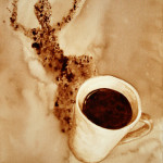 Angel Sarkela-Saur created this original "Whee!" Coffee Art® painting. It features an energized figure leaping out from the coffee mug's shadow.