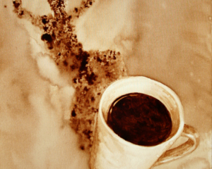 Angel Sarkela-Saur created this original "Whee!" Coffee Art&reg; painting. It features an energized figure leaping out from the coffee mug's shadow.