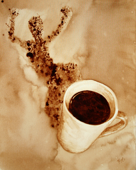 Angel Sarkela-Saur created this original "Whee!" Coffee Art® painting. It features an energized figure leaping out from the coffee mug's shadow.