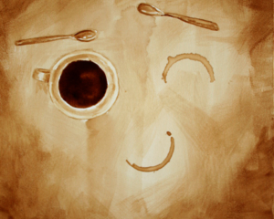 Angel Sarkela-Saur created this original "With a Wink" Coffee Art&reg; painting. It features a coffee mug and two well placed coffee ring stains.