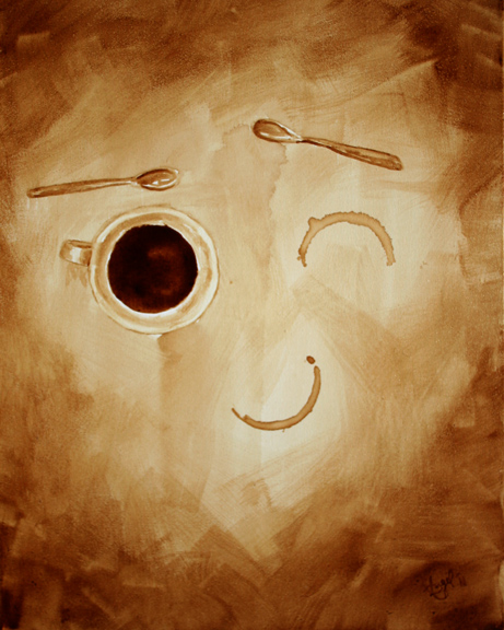 Angel Sarkela-Saur created this original "With a Wink" Coffee Art® painting. It features a coffee mug and two well placed coffee ring stains.