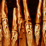 Andrew Saur created this original "Wooden Spirits" Coffee Art® painting. It features carved wooden branches that take the shape of tree spirits.