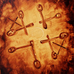 Andrew Saur & Angel Sarkela-Saur created this original "XOX" Coffee Art® painting. It features a game of tic-tac-toe using a coffee ring and stir sticks.